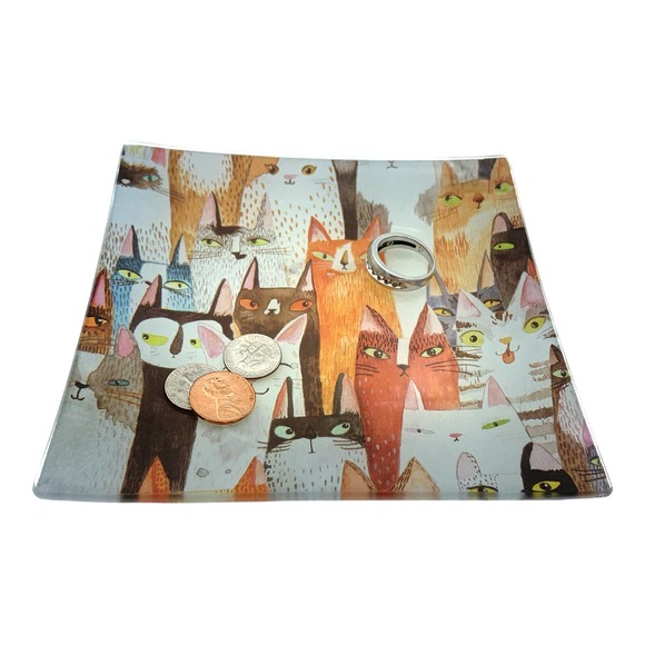 Glass Jewelry Dish, Whimsical Cats, Trinket Tray, Soap, Valet, Vanity Catchall - Picture 4 of 7